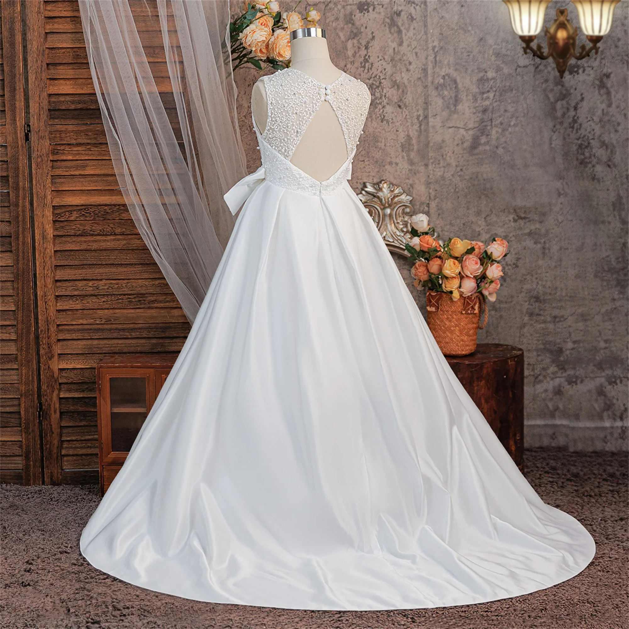 Elegant Bow Baptism Party Girls Dress Summer Trailing Wedding Bridesmaid Princess Evening Dresses Girl First Communion Prom Gown view 4