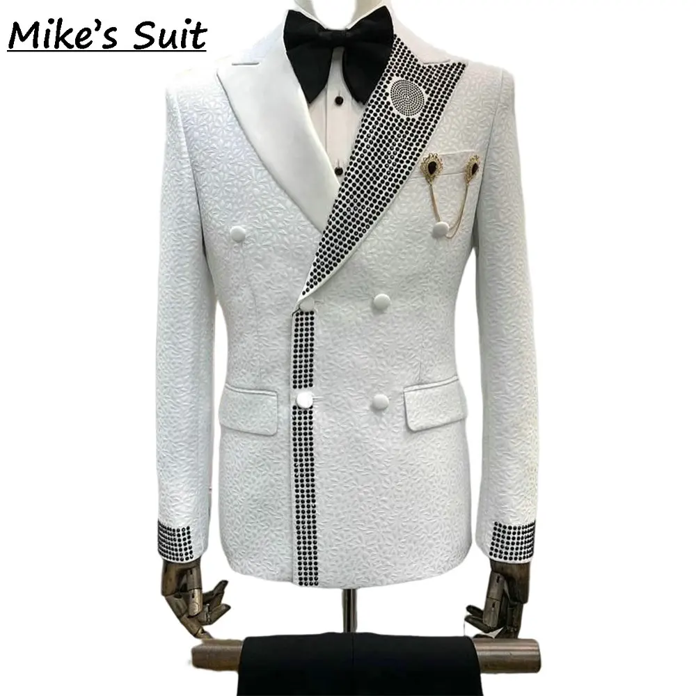 Abito da sposa jacquard bianco Abbigliamento da sposo Abiti da uomo con gemma nera Smoking formale Due pezzi Set Blazer e pantaloni Traje De Novio