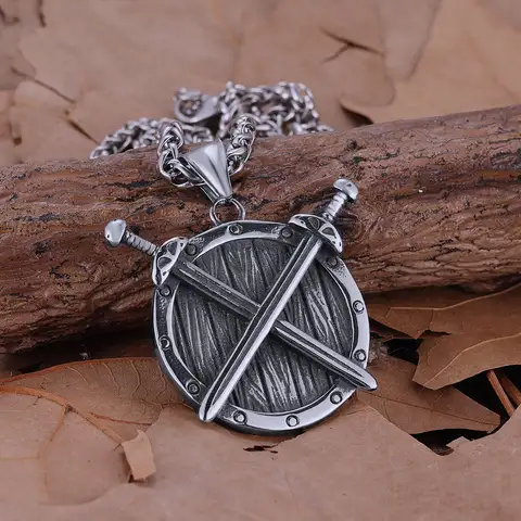 Vikings Warrior Weapon Sword Shield Necklace Nordic Ancient Rune Amulet Pendant Men Punk Hip Hop Stainless Steel Jewelry