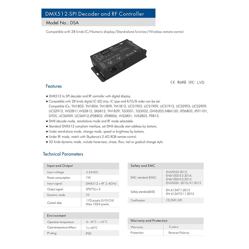 ABZV-Led DMX512 a SPI decodificador convertidor DMX 1024 puntos TTL controlador de píxeles compatible con 6803/8806/2811/ 2812/2801/3001/9813 IC