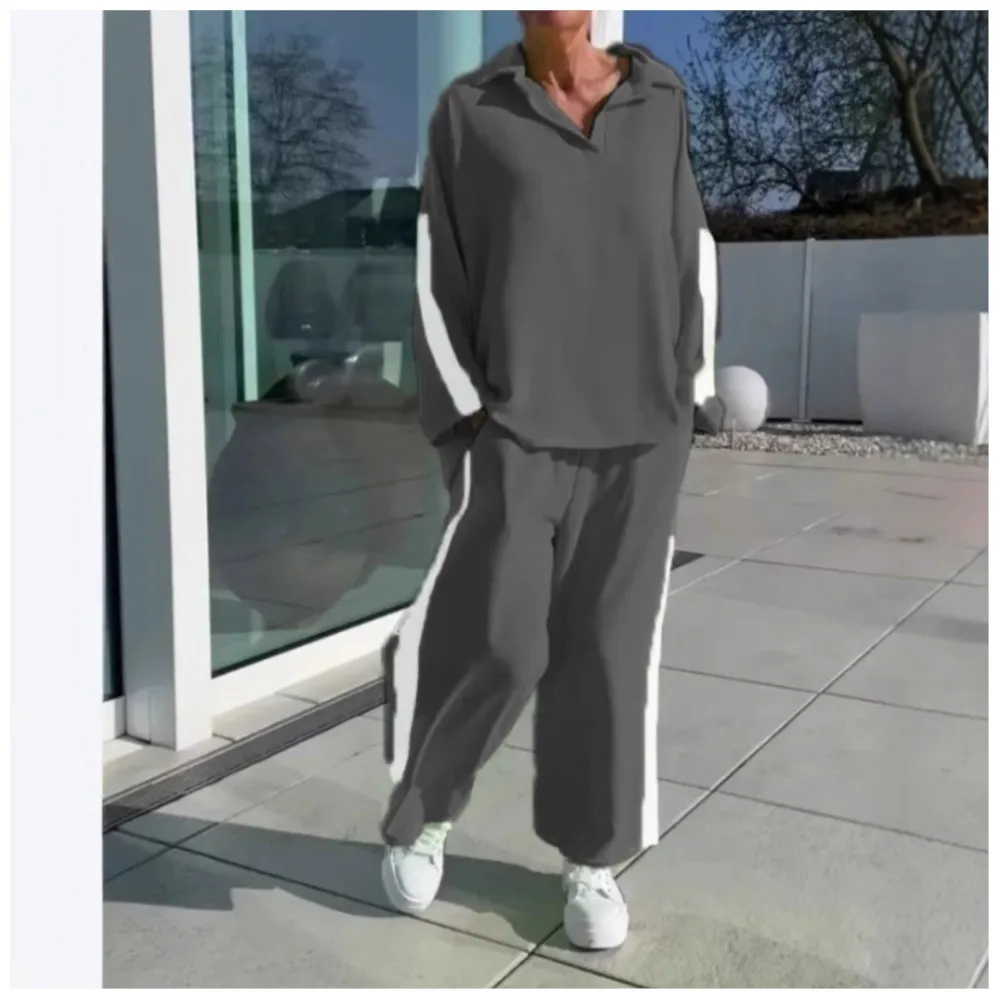 Лето 2023, повседневные костюмы, горячая распродажа, новый женский модный модный спортивный костюм с лацканами, топ с длинными рукавами, повседневный комплект из двух предметов