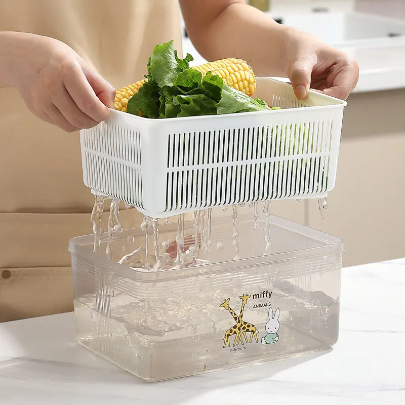 Miffy Kawaii Anime Cartoon Rabbit Crisper Box Household Use Kitchen Refrigerator Double Layer with Lid Drain Basket Storage Box