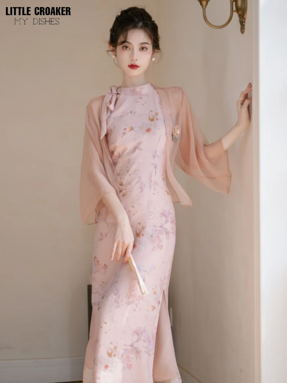 20223 gaun Cheongsam terpisah harian Tiongkok leher Halter merah muda gaun musim gugur Tiongkok baru Qipao ditingkatkan Cheongsam