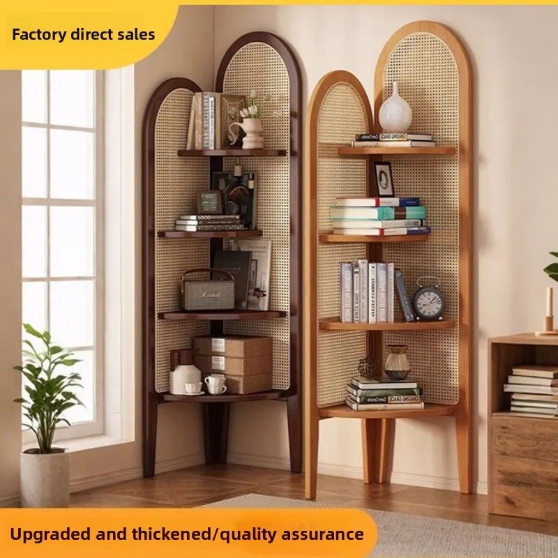 Chinese retro rattan corner decoration shelf, living room sofa wall edge book cabinet, bedroom solid wood triple crutch screen