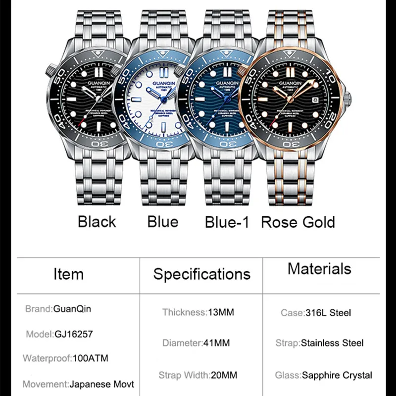 GUANQIN 2024 New Men\'s Watches Stainless steel Automatic Watch Men Luxury Mechanical Wristwatch 10 Bar Waterproof Luminous Clock