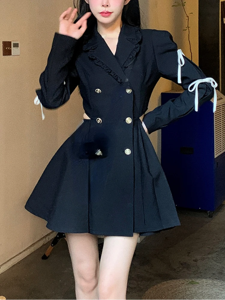 

Женское Повседневное платье-блейзер на пуговицах, черное облегающее офисное платье-мини с длинным рукавом и открытой спиной в Корейском стиле, весна 2023