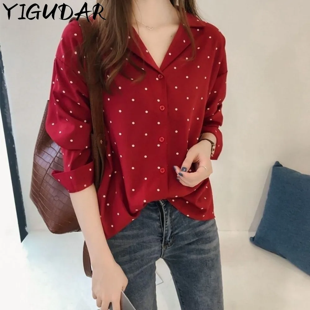 

Fashion Printed Button Polka Dot Chiffon Shirt Women's Clothing 2024 Autumn New Oversized Casual Tops All-match Korean Blouse