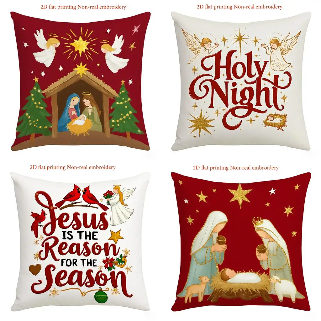 Religious Christmas Pillow Covers 4pcs, Nativity Scene Angels 
