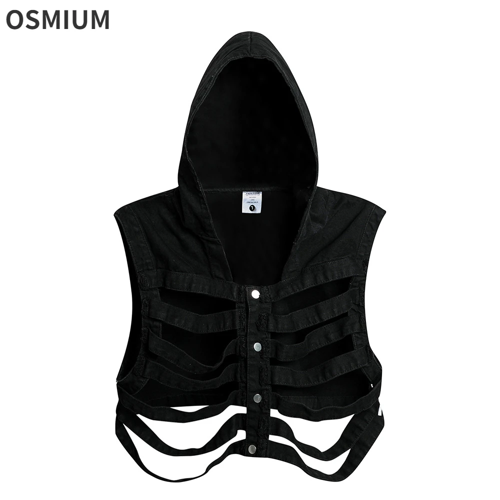 

Summer High Quality Black Blue Hollow Out Skeleton Hooded Denim Vest Mens Striped Button Short Sleeveless Waistcoat Cotton Vest