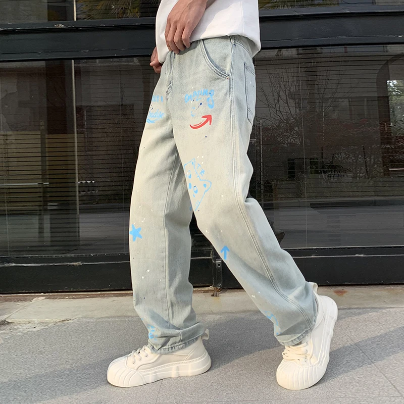 

BGC9351 Tide graffiti print loose light blue jeans men's straight retro gangster fried street wide-leg trousers