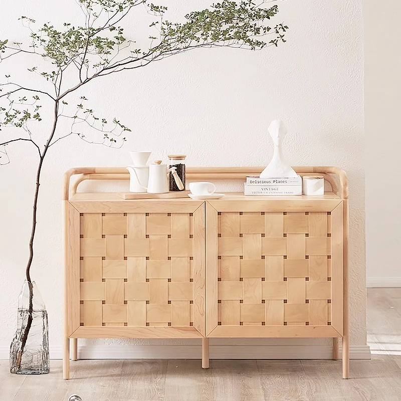 

Nordic simple solid wood braided rattan locker log color dining side Nordic style multi-functional storage cabinet bucket