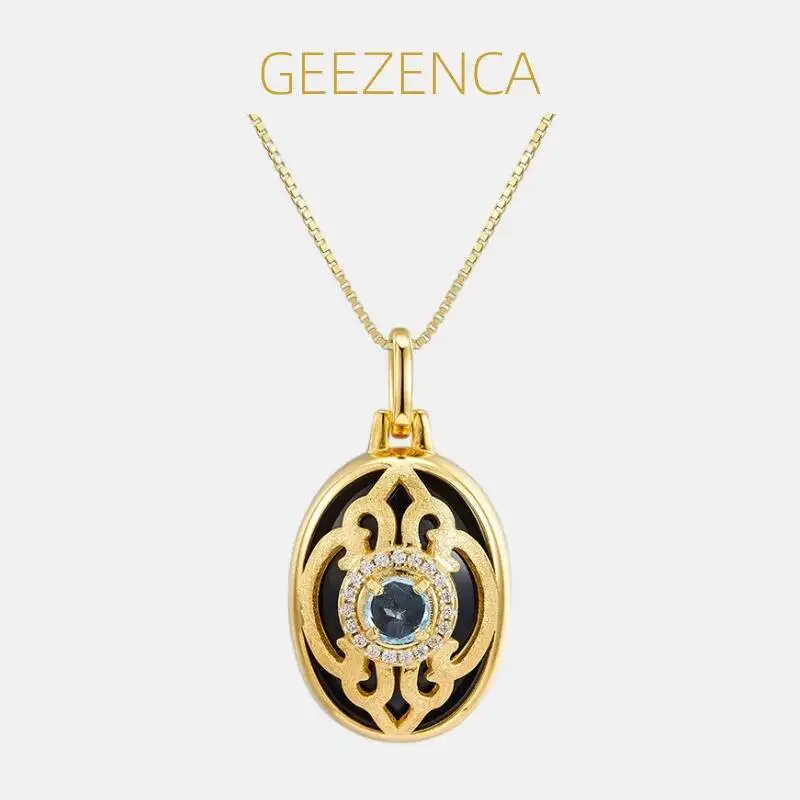 

GEEZENCA 925 Silver Goldplated Onyx Prehnite Topaz Oval Pendant Women CZ Simple Trendy Geometric Necklace Pendants Without Chain