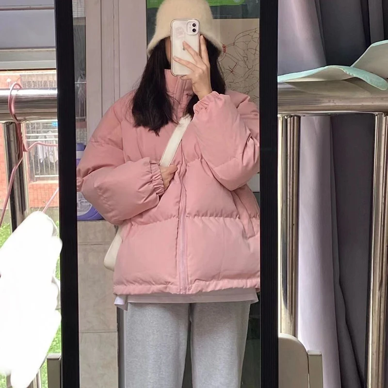 Rimocy Korean Stand Collar Pink Parkas Women Autumn Winter Thick Warm Puffer Jackets Woman Long Sleeve Zipper Cotton Padded Coat