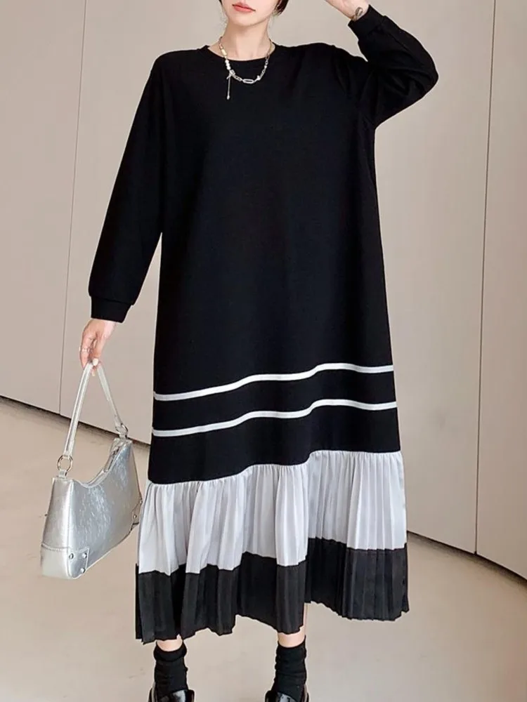 特大の女性用Tシャツ,プリーツドレス,ルーズセーター,パッチワークカラー,長袖,春,秋