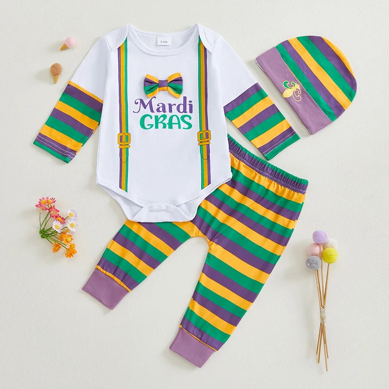 

Infant Boy Carnival Costume Printed Bodysuit with Striped Pants and Matching Hat 3-Piece Set for Spring Celebrations