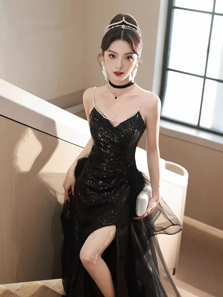 Black No. 11 Evening Dress for Women Temperament High-end Luxury Niche High-grade Sequin Evening Dress