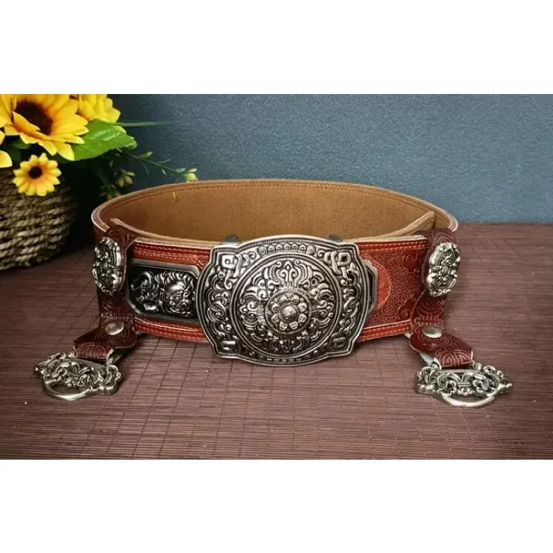 

2025 Mongolian men's retro pure cowhide belt with ethnic style accessories