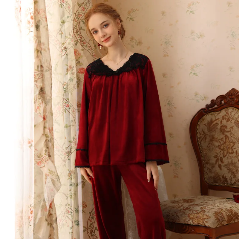 Women Lace Flannel Loungewear Sexy Velour Pajamas Sweet Princess Sleepwear Nightwear Autumn Winter Fairy Tops Pants Pajama Sets