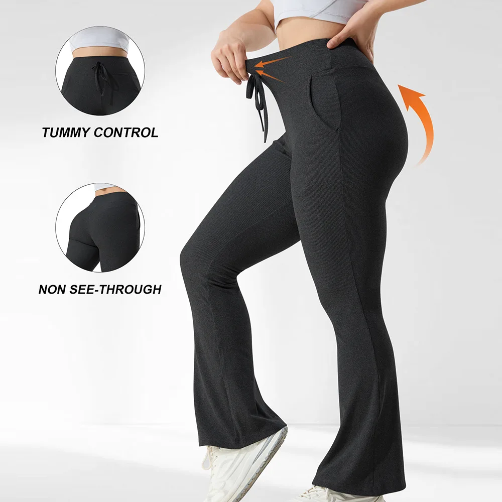 Plus Size Women Ribbed Flared Pants High Waist Drawstring with Pockets Tummy Control Non See Through Bootcut Leggings