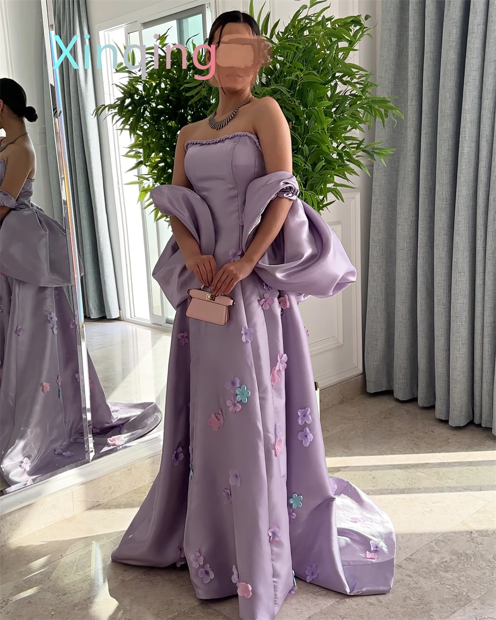 Customized  Exquisite Light Purple Satin Evening DressTemperament Strapless Sleeveless Prom Dress High Quality Celebrit image 4