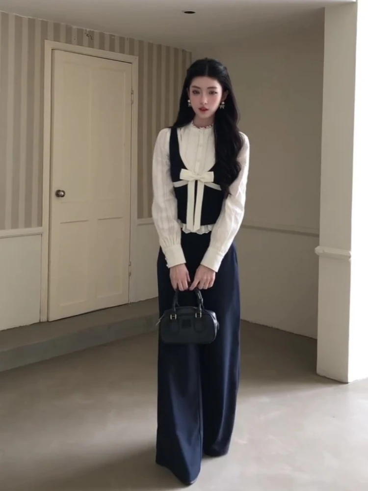 British Elegant Princess 3 Piece Set Women Contrast Bow Decor Long Sleeve Ruffle Shirt Cropped Vest High Waist Wide Leg Pants