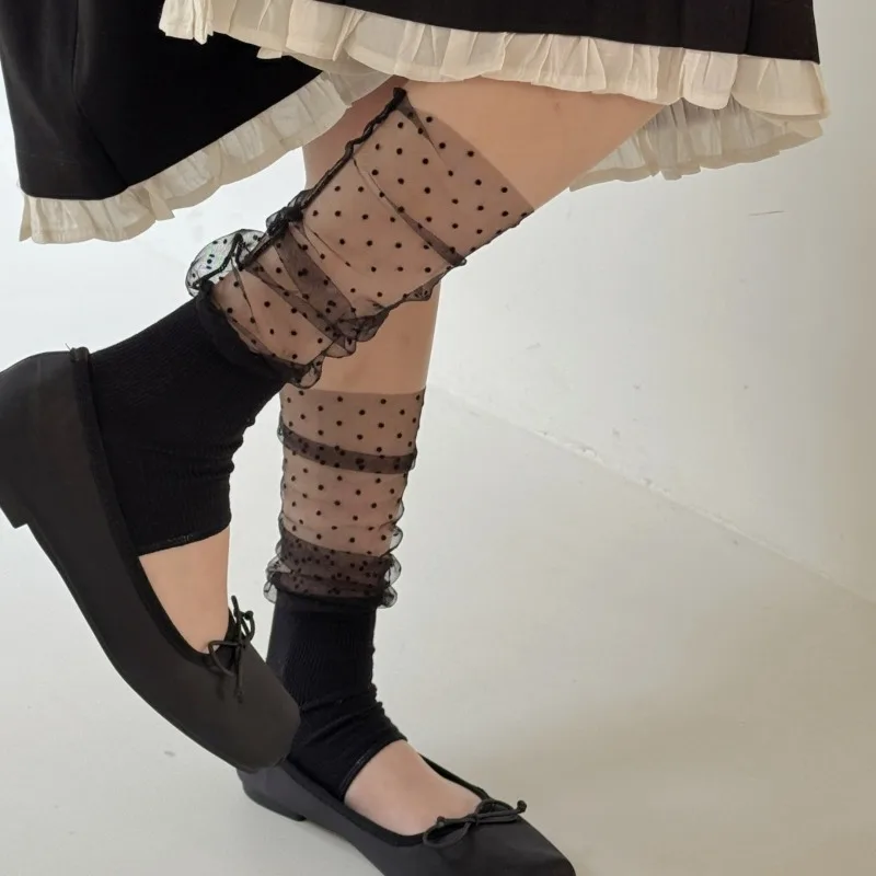 Polka Dot Mesh Patchwork Sock Spring Summer Sheer Texture Stirrup Socks Unique Aesthetic Breathable Footless Ankle Boot Cuffs
