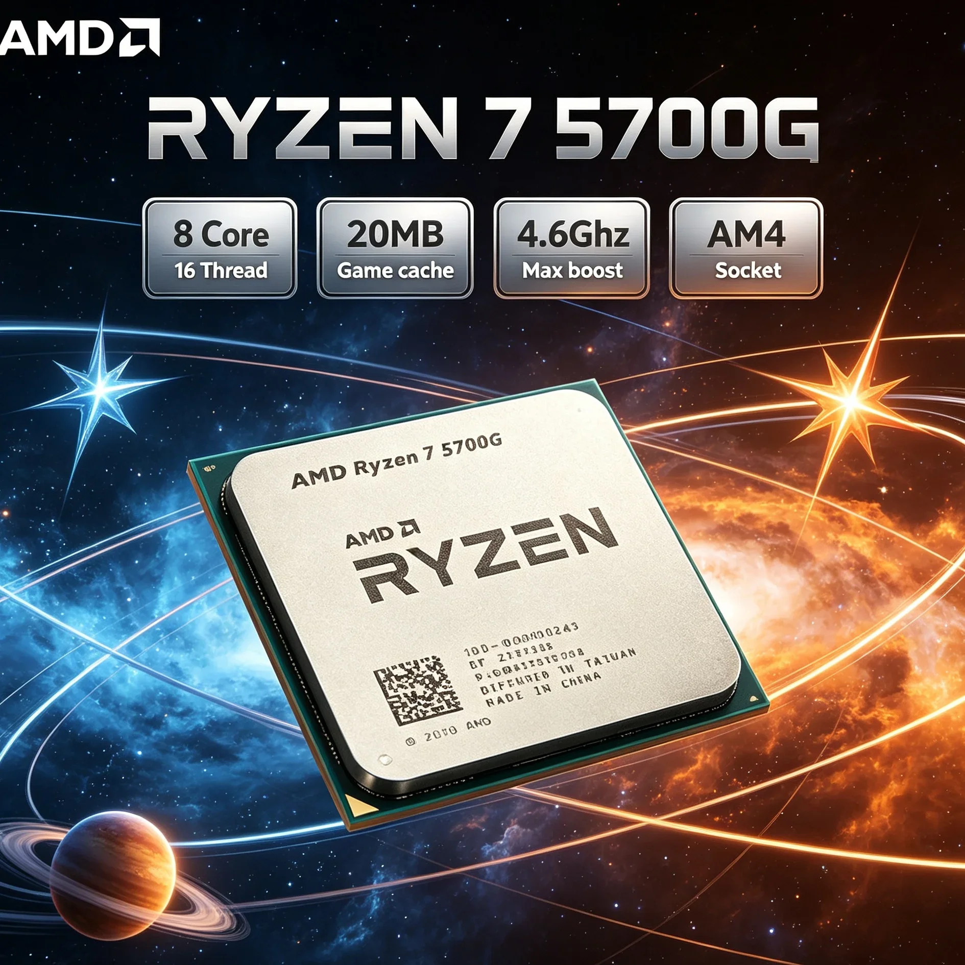 AMD Ryzen 7 5700G 65W Processor, AM4 8-Core 16-Thread 4.6GHz Boost DDR4 APU with Integrated Radeon Graphics, No Cooler