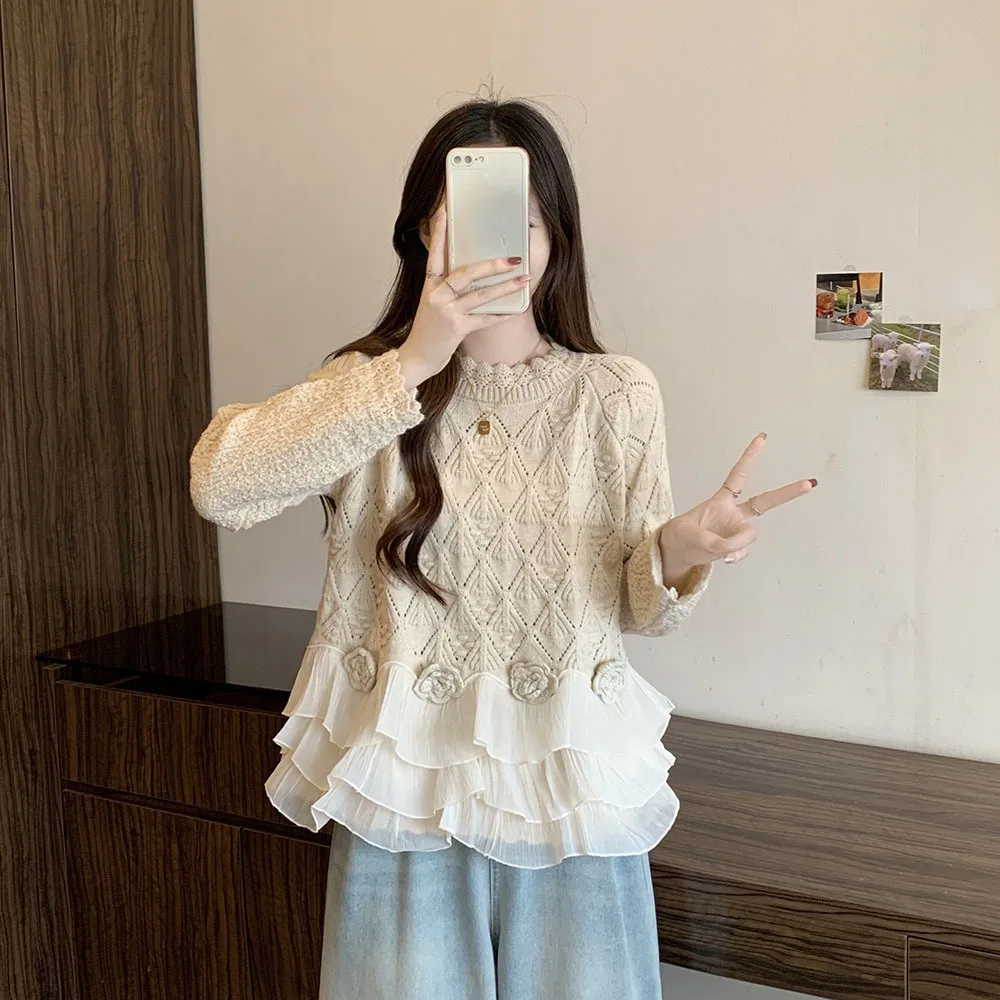 2024 Autumn New O-neck Sweater Women Vintage Long Sleeve Ruffles Decoration Patchwork Jumper for Women 3D Flower Knit Pullovers