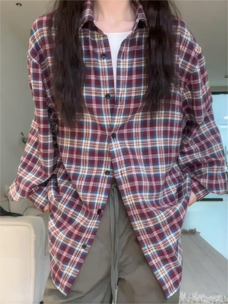 

NUOMICI Korean Popular Women Clothes Red Striped Long-sleeve Plaid Shirt Loose Casual Jacket Women Top New Outerwear Christmas