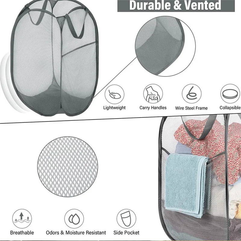 

3 Pack Strong Mesh Up Laundry Hamper For Laundry With Side Pocket Reinforced Handles