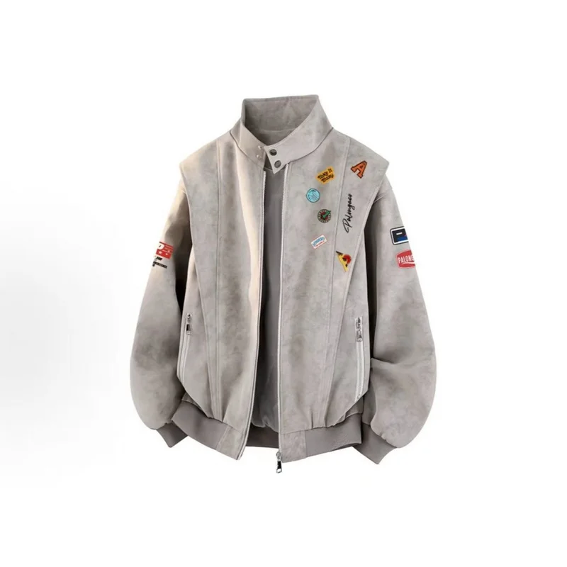QICHE 2026 Spring Autumn Unisex Couple Jacket American Vintage Printed Design Stand‑Collar Trendy All‑Match Casual Outer Coat