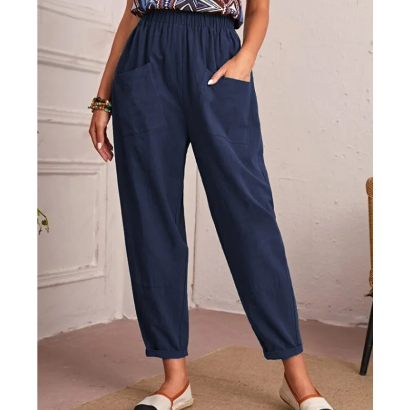 

New Four Seasons Cotton Hemp Nine-minute Pants Elastic Waist Casual Pants Diagonal Pocket Small Foot Pants Women