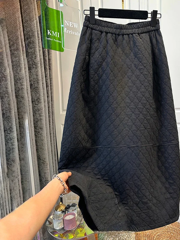 

Winter New Sle Simple Diamond Pattern Women's Loose Warm Cotton f Skirt Elastic Waist Pure Color Versatile Casual Skirt