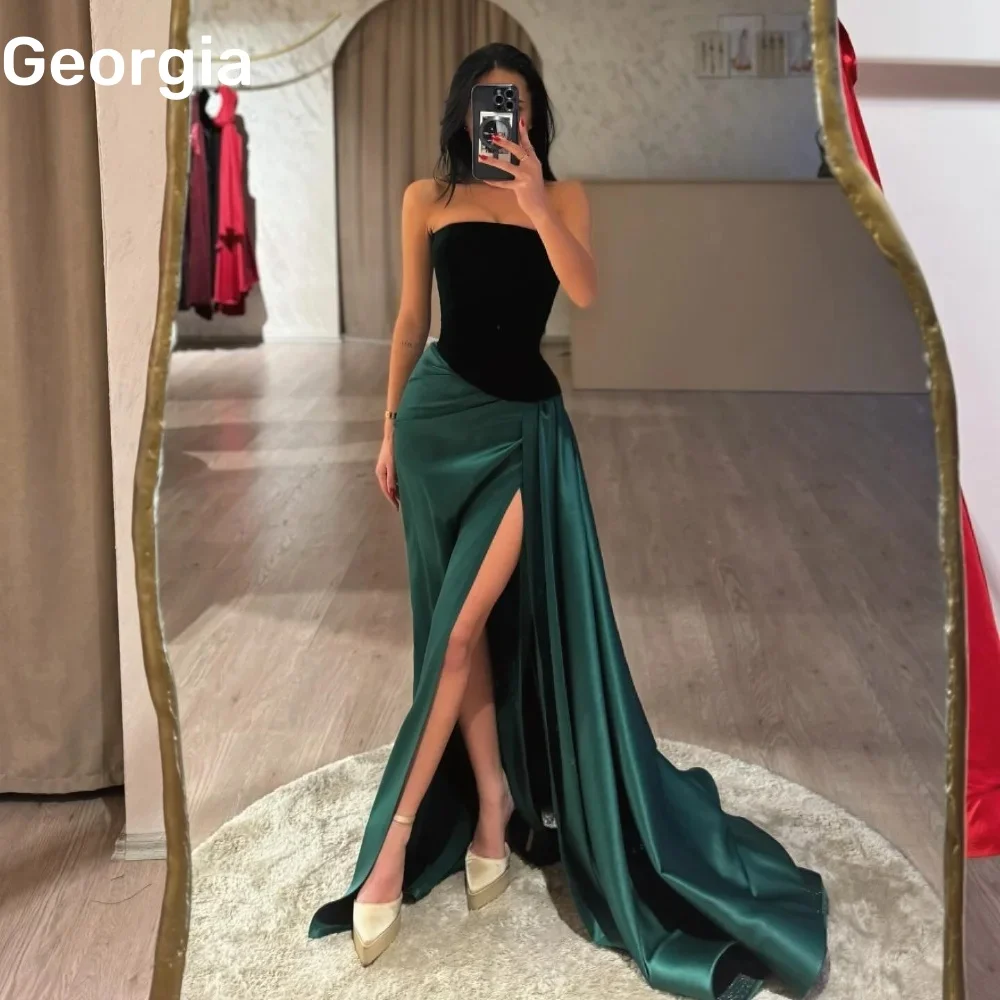 

Customized فساتين سهرة A-Line Split Strapless Prom Dresses Floor-Length Ruffle Zipper Up Sleeveless Formal Occasion Dresses