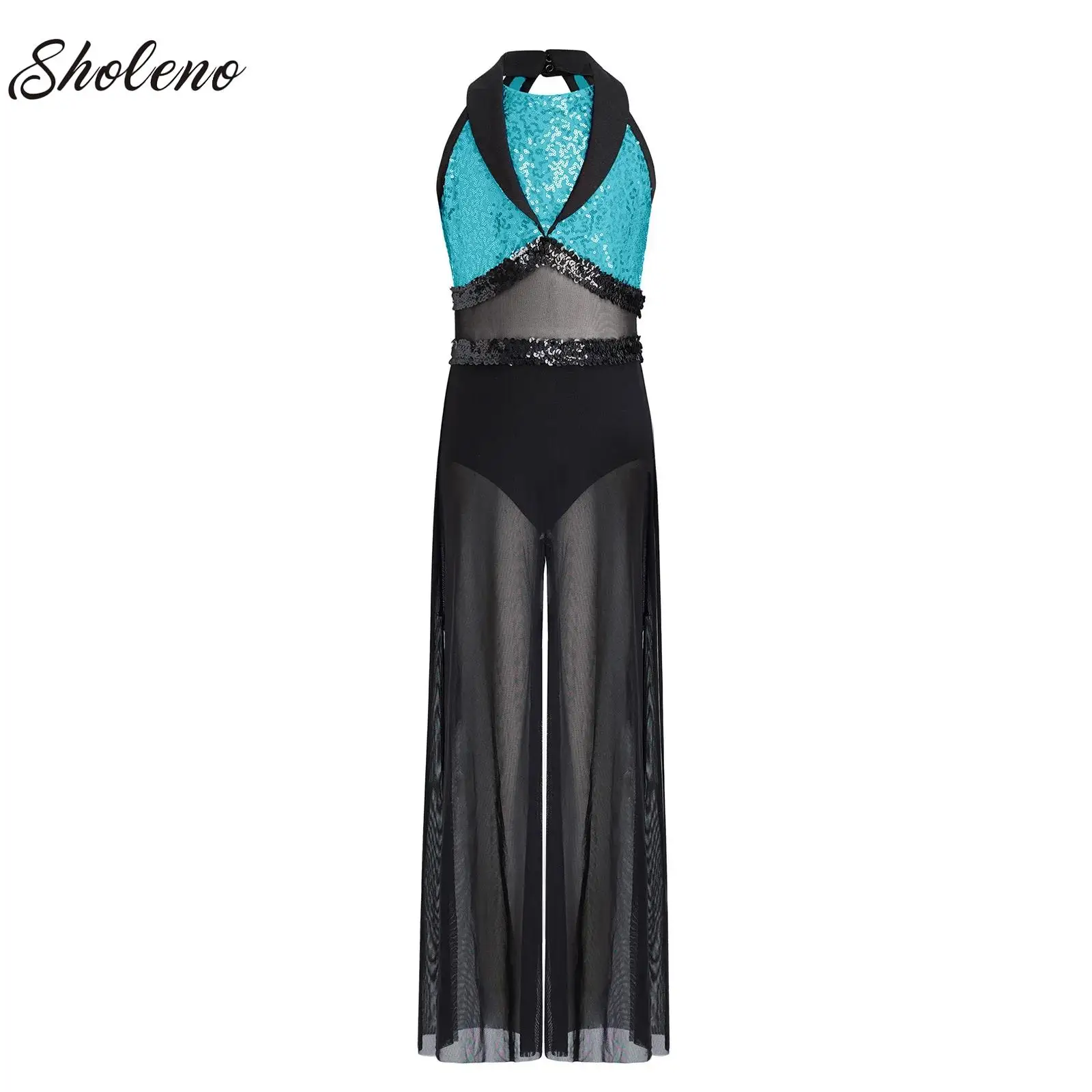 

Kids Girls Jazz Ballroom Rumba Tango Chacha Dancewear Ballet Modern Dance Jumpsuit Shiny Sequin Bodice Mesh Wide-Leg Bodysuit