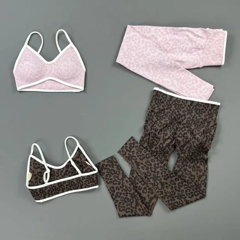 Women Sports Leopard Print Yoga Set Women Seamless Tummy Control Contrastline Leggings Suit Gym Running Workout Fitness Sets