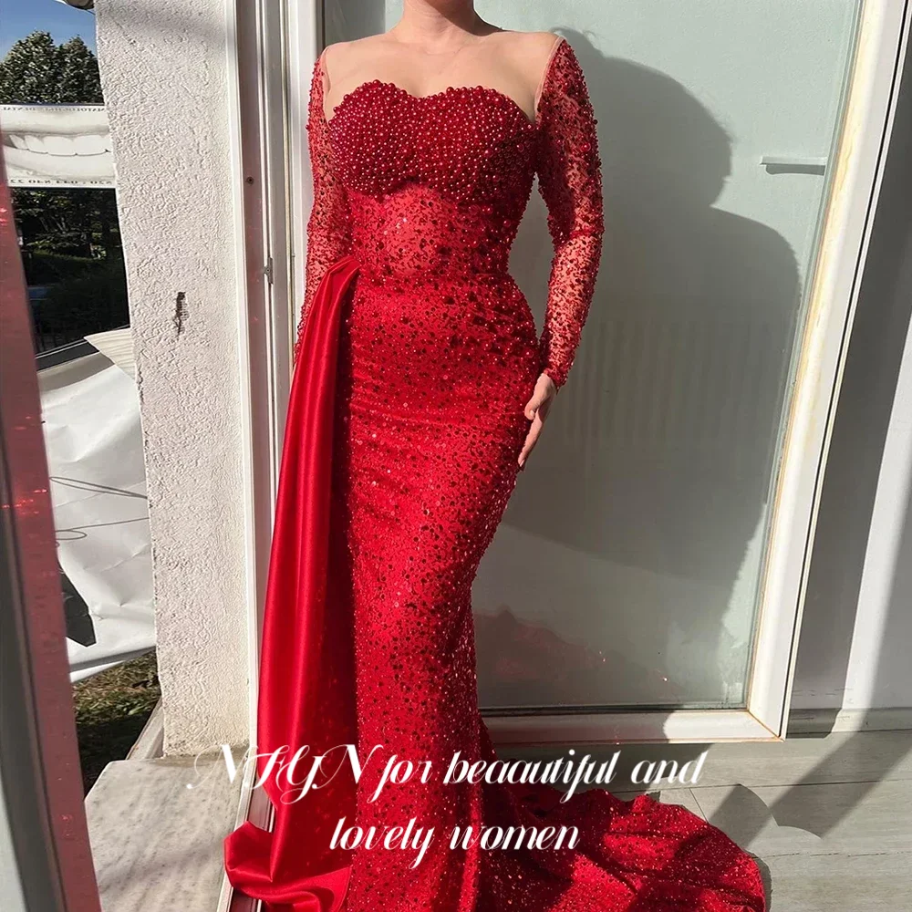 

NFYN Red Elegant Formal Gown with Pleats Sweetheart Prom Dresses Glitter Beadings Mermaid Evening Dresses for Woman Customized