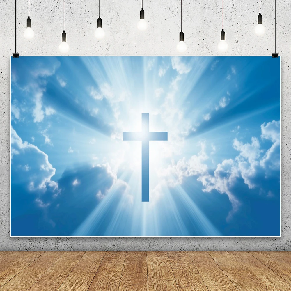 Easter Jesus Christ Cross Photography Backdrop Christmas Nativity Holy Crucifix Thorns Pray Blue Sky White Clouds Background