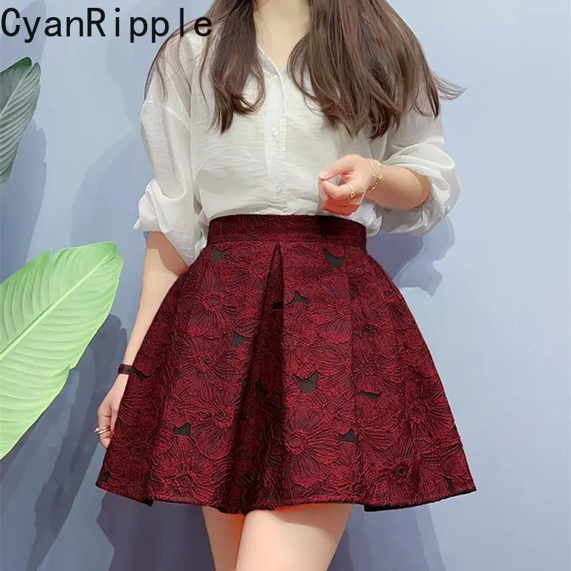 Exquisite Jacquard Short A-line Skirt Women New Spring Summer Elegant Pleated Skirt All-match High Waist Vintage Umbrella Skirts
