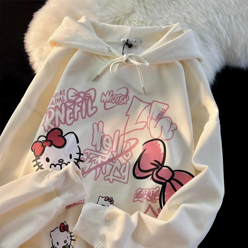 Winter Thickened Sanrios Hellokitty Hooded Sweatshirt for Girls Cartoon Couple Kawaii Plus Velvet Printed Warm Long-Sleeved Top