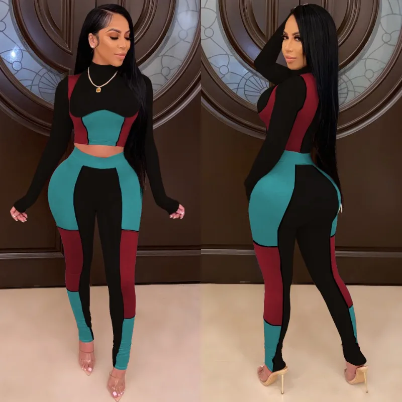 2024 Hot Women Suit Sexy Patchwork Skinny Rompers Fashion Mock Neck Crop Top+Stretchy Legging Matching Outfit Female Streetwear