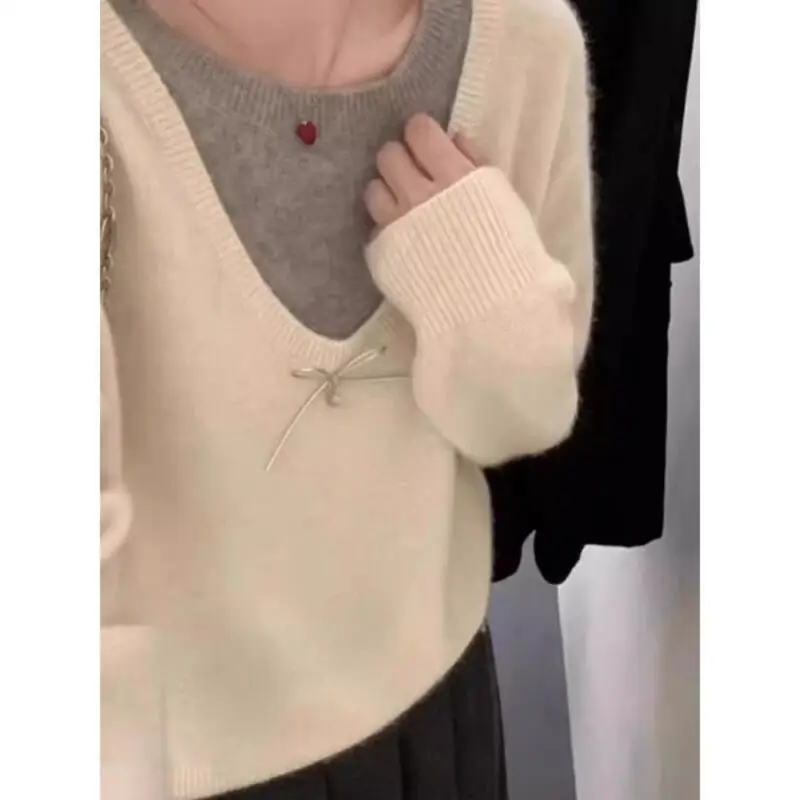 เสื้อกันหนาวฤดูใบไม้ร่วงและฤดูหนาว เสื้อกันหนาวสไตล์เกาหลี สีตัดกัน ฤดูใบไม้ร่วงและฤดูหนาว ทรงสั้น รุ่นหวาน เสื้อกันหนาวหวาน รุ่นใหม่