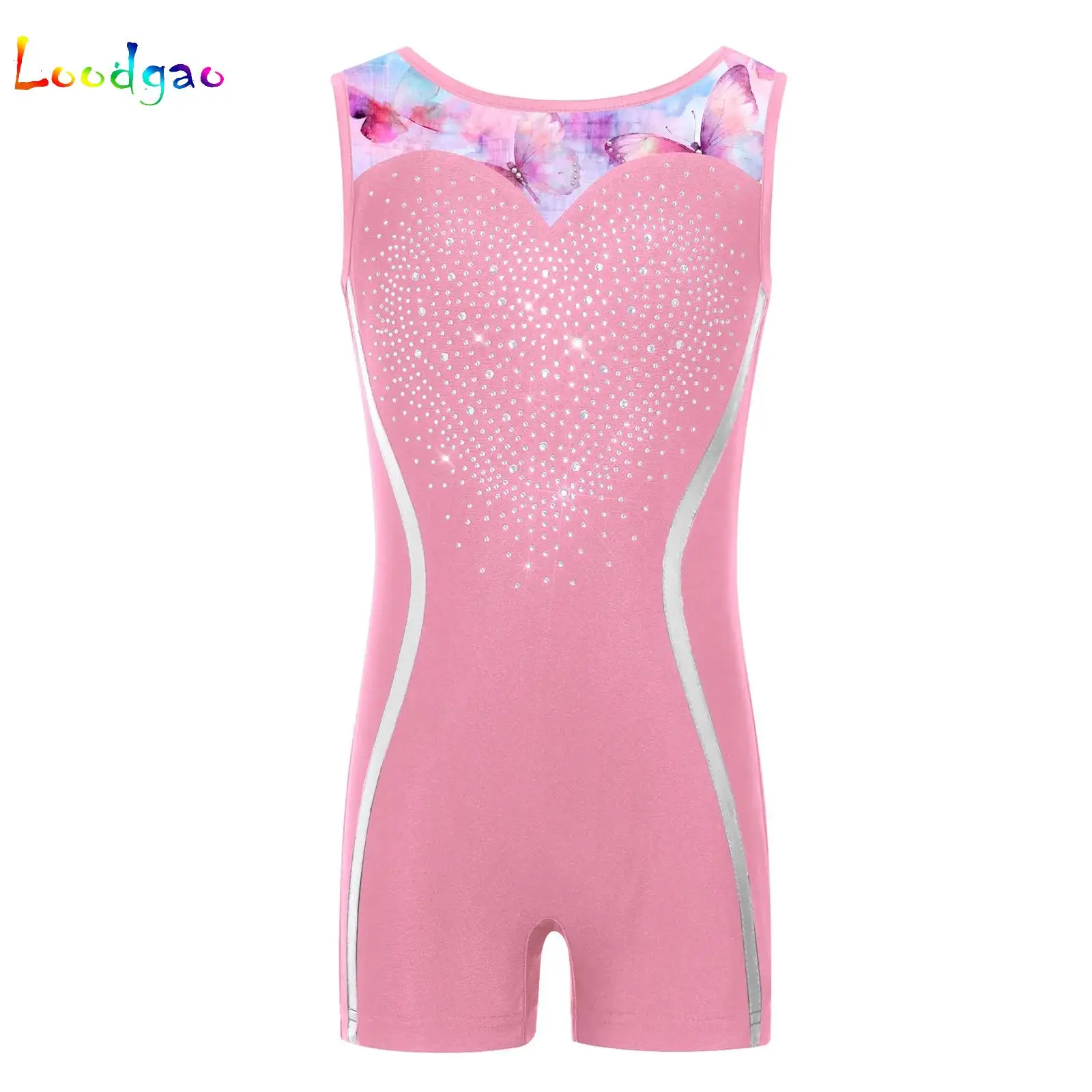 

Kids Girls Children Sleeveless Tank Unitards Printed Shiny Rhinestones Rhythmic Gymnastics Leotards Jumpsuits Practice Clothes