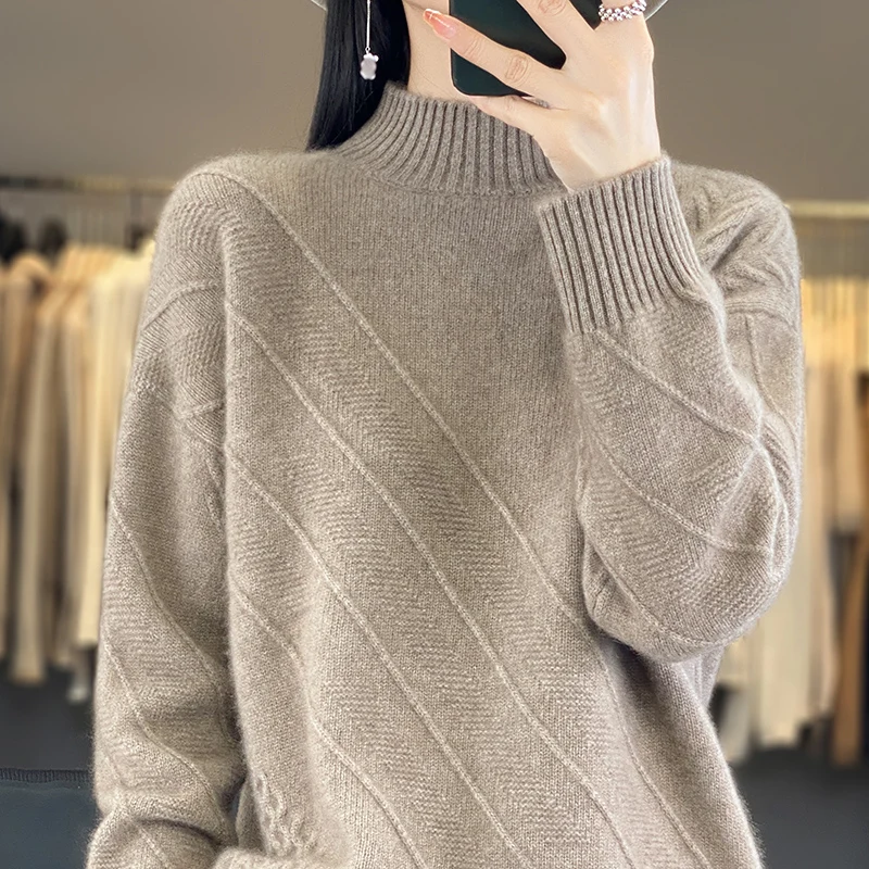 2024 New Sweater Half High Neck Pullover Casual Knitted Loose Top 100% Pure Wool Long sleeved Bottom Shirt Spring Fashion Korean