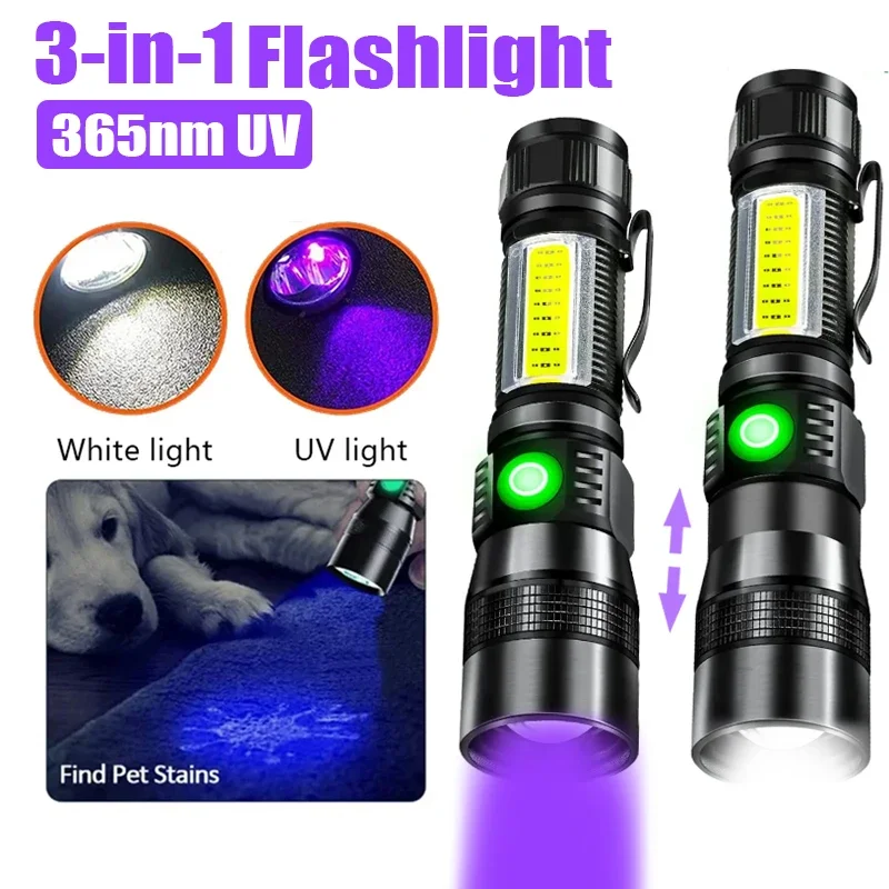 Powerful Multifunctional LED UV Flashlight Rechargeable UV Flashlights 3in1 Black Light 7 Modes Waterproof Torch Camping Lantern