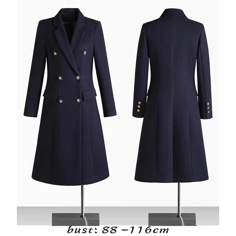 

High quality wool blend long trench coat for women big size double breasted new winter 2024 elegant clothes - black grey blue