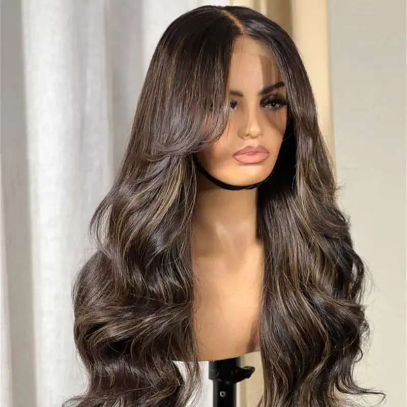 

Dark Brown with Blonde Streaks Synthetic Lace Front Wig Body Wave Wig Middle Part Heat Resistant Wig for Daily Party Cosplay Use