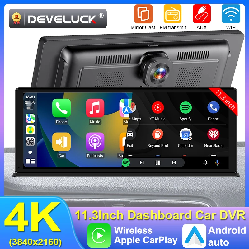 

11.3" Car DVR 4K Dash Cam Wireless Carplay Android auto Ai Screen Dual Len Video Recorder 1080P Rear view Camera GPS Navigation