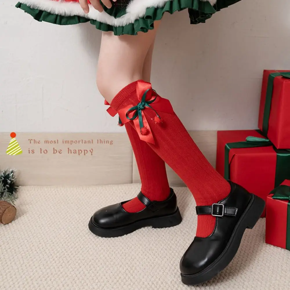 Casual Middle Tube New Year Red Socks Green Cotton Bow Hosiery for Kids Thicken Sweet Sleeping Socks Autumn