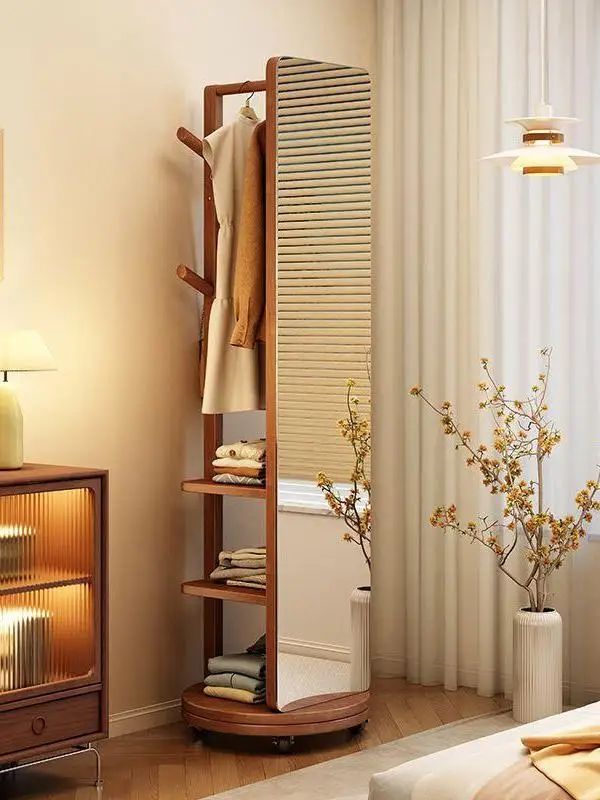 

Wood Rotatable Full Body Dring Mirror Inteated Coat Ra Home Use Floor Standing Mirror Clothes Hanger Storage elf